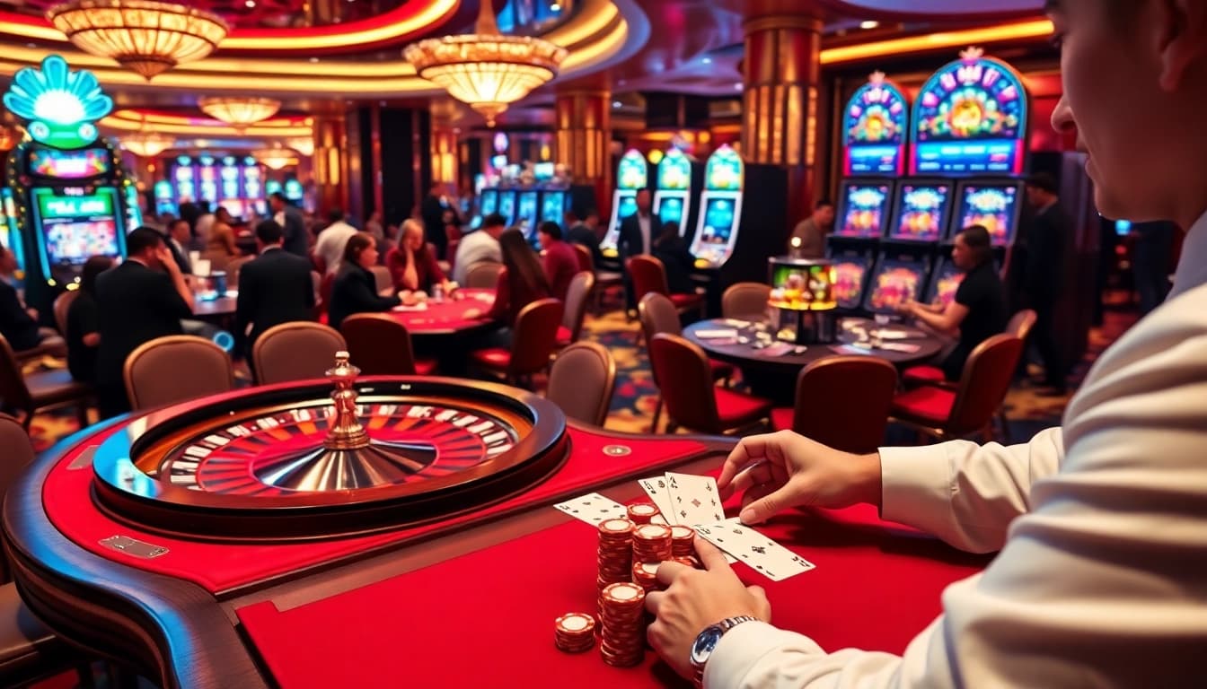 Engaging players at HZ88's vibrant casino tables, showcasing poker and slot excitement.