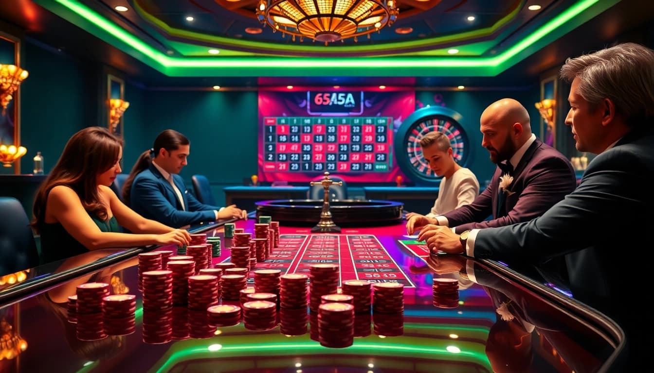 Engaging scene at the 65A casino with poker players and roulette wheel highlighting excitement.