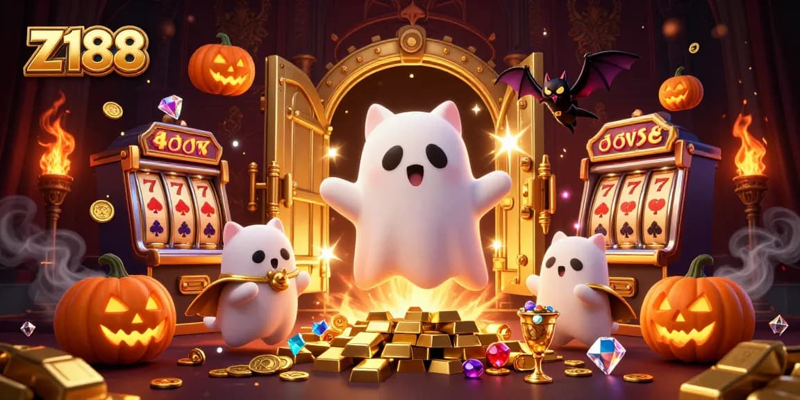 Engage with Z188 in a vibrant casino scene, featuring a ghost cat and a golden cape bat amidst slot machines.