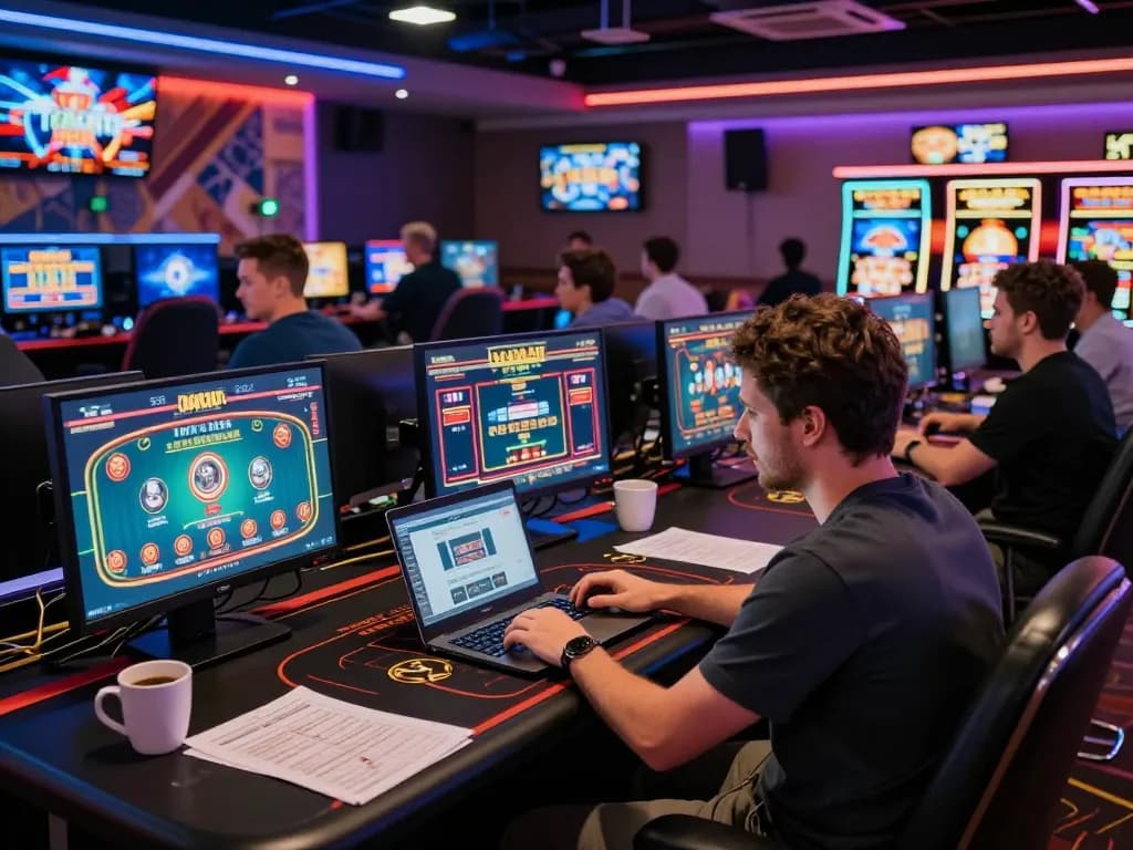 79KING player engaged in strategic online gaming in a vibrant home casino setup