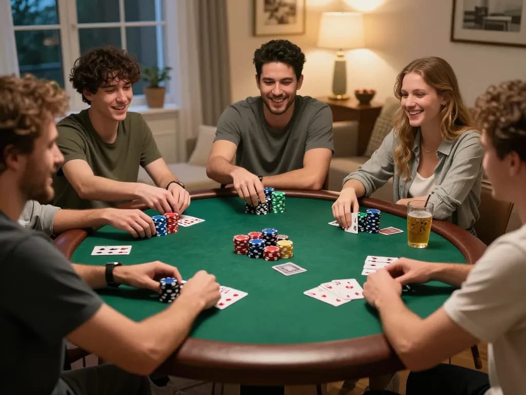 Engaged friends enjoying a poker night at home using strategies at an australian online casino