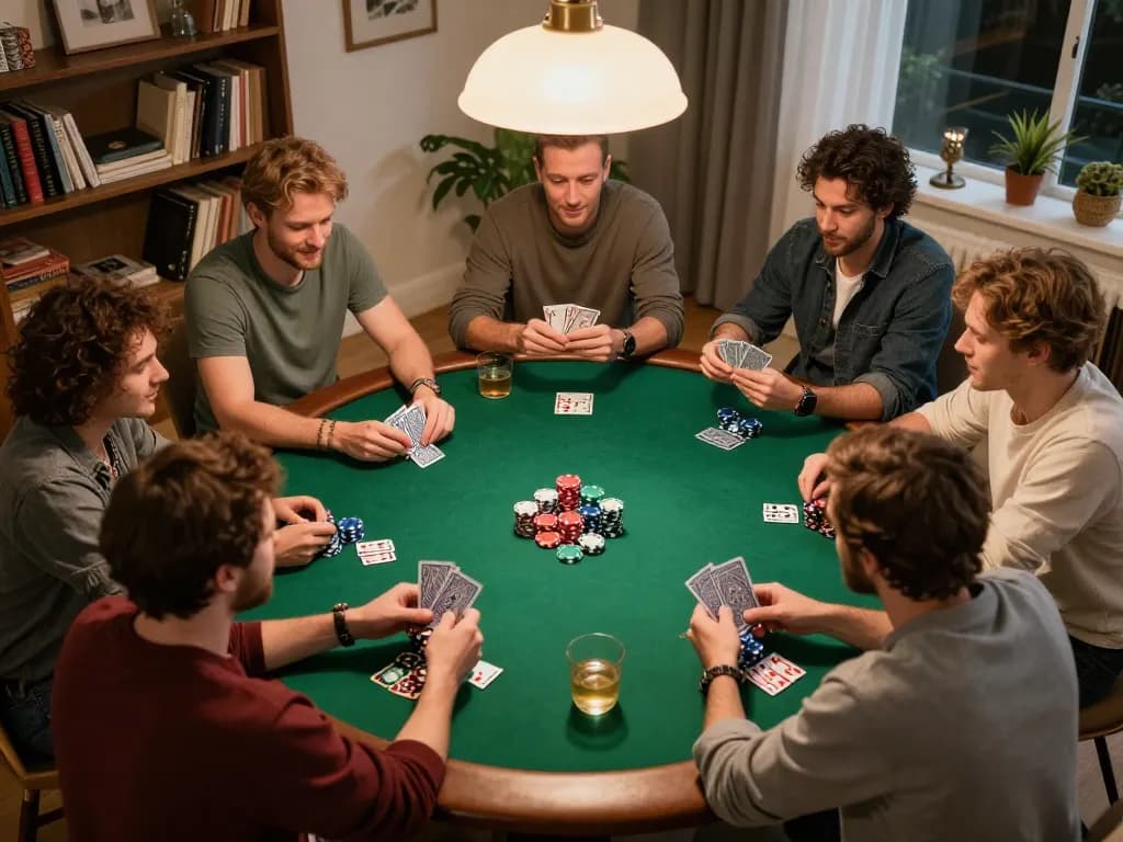 Engaging game of poker with friends at home showcasing HITCLUB's strategic gameplay atmosphere
