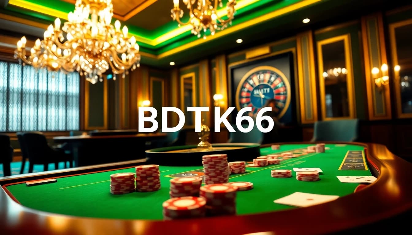 Experience high-stakes gaming with BDTK66 at a luxurious casino table filled with chips and cards.