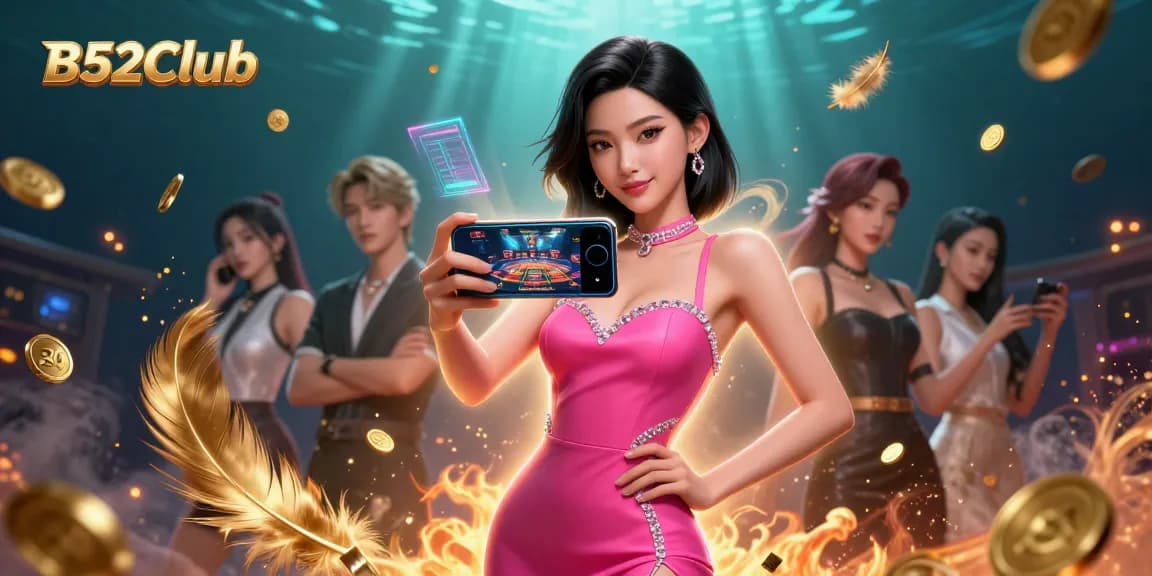 B52Club features a confident Asian woman showcasing a live dealer game on her smartphone amid a vibrant casino scene.