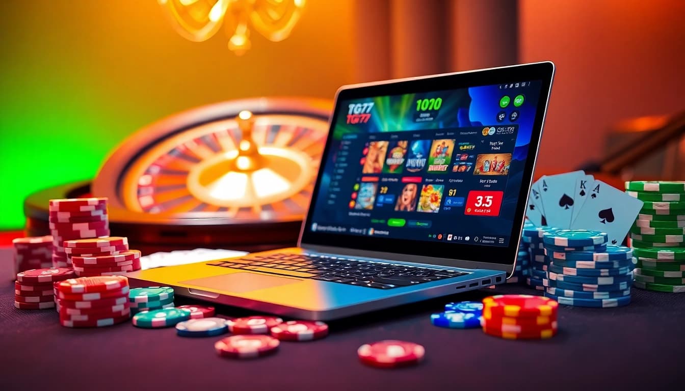 Experience excitement at TG777's online gaming platform with vibrant casino elements and a sleek interface.