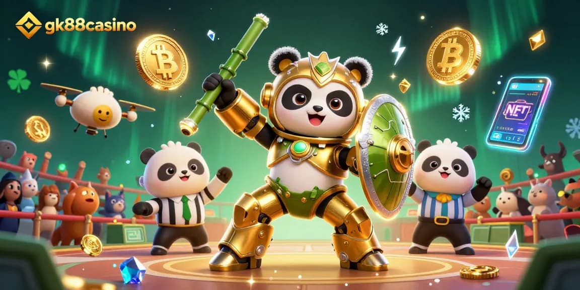 Experience thrilling betting action with gk88casino's vibrant 3D scene featuring a golden panda mech and crypto elements.