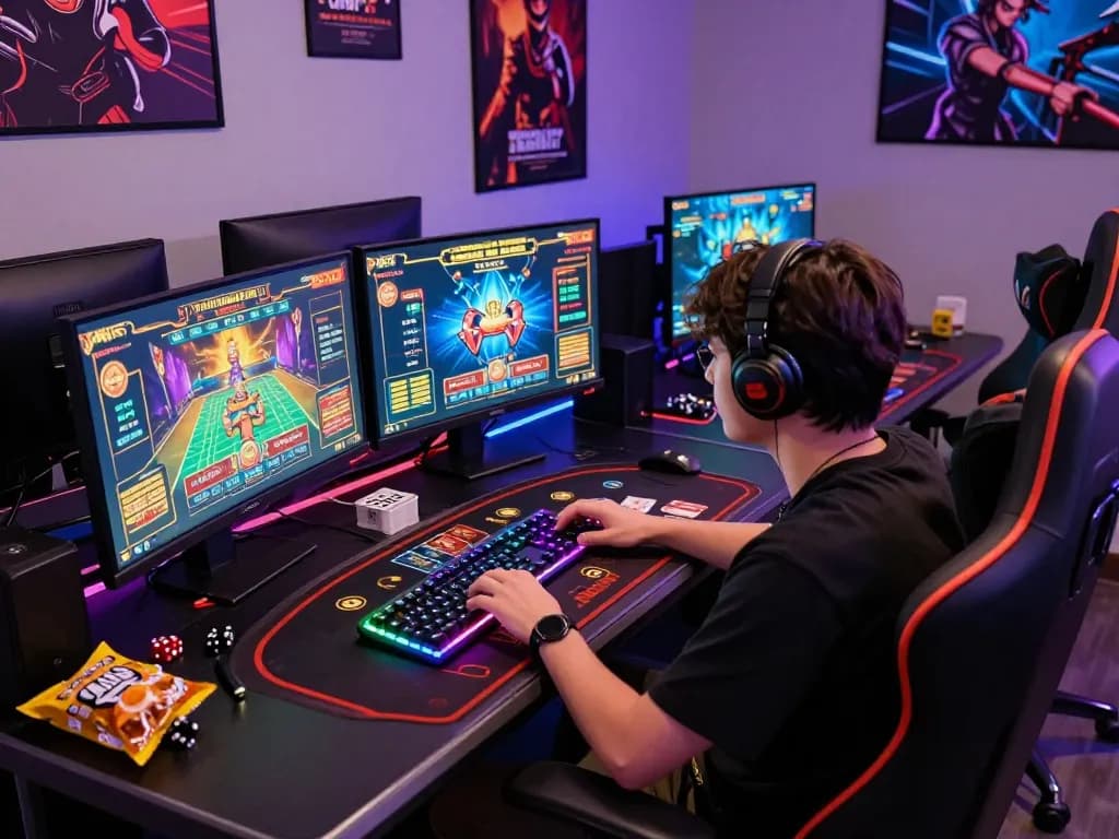 Player enjoying an exhilarating gaming experience at XX88 online casino with vibrant screens and gaming accessories.