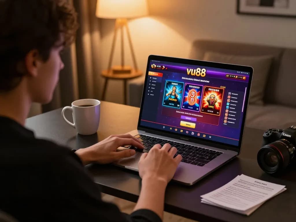 Engaging player exploring vu88 online casino games on a modern laptop, creating a dynamic home gambling scene.
