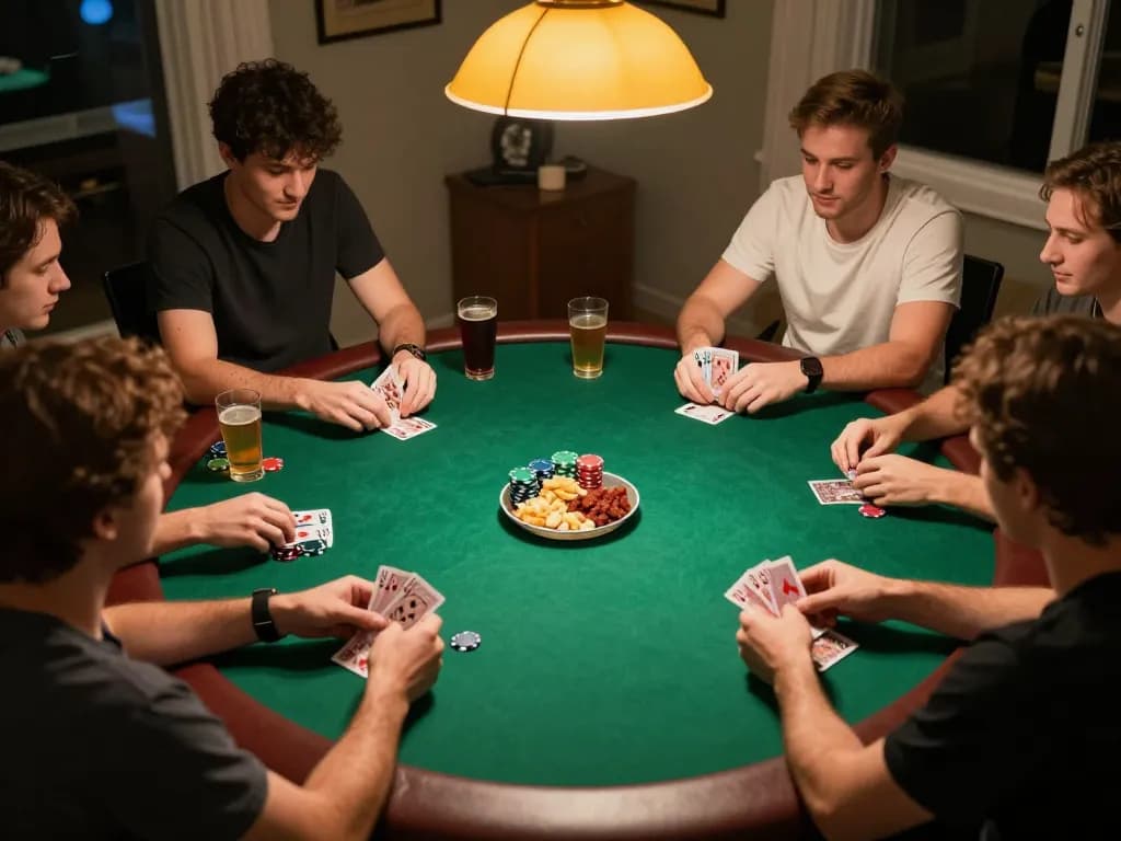Players focusing at their cards at a home poker night featuring NOHU90 COM