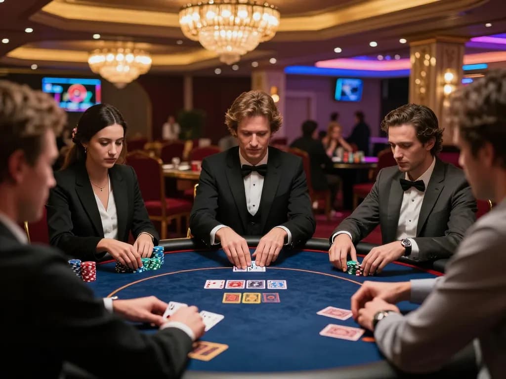 Players engaging in high-stakes poker at cm88, showcasing skill and strategy in an upscale casino atmosphere.