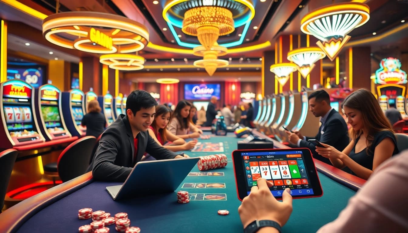 Experience thrilling gameplay at https://888vnd.space/ with vibrant gambling elements like slot machines and poker setups.