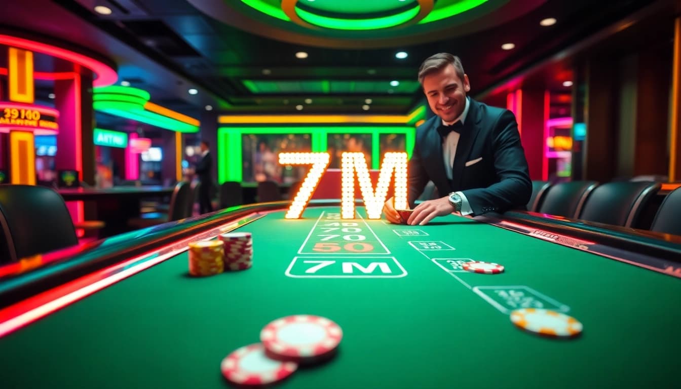 Experience thrilling bets at the 7M casino table with vibrant poker chips and shuffling cards.