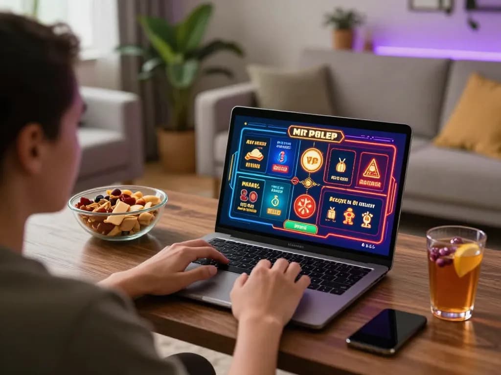 Player engaging with 58win online casino app on laptop, showcasing vibrant game interface and lively atmosphere
