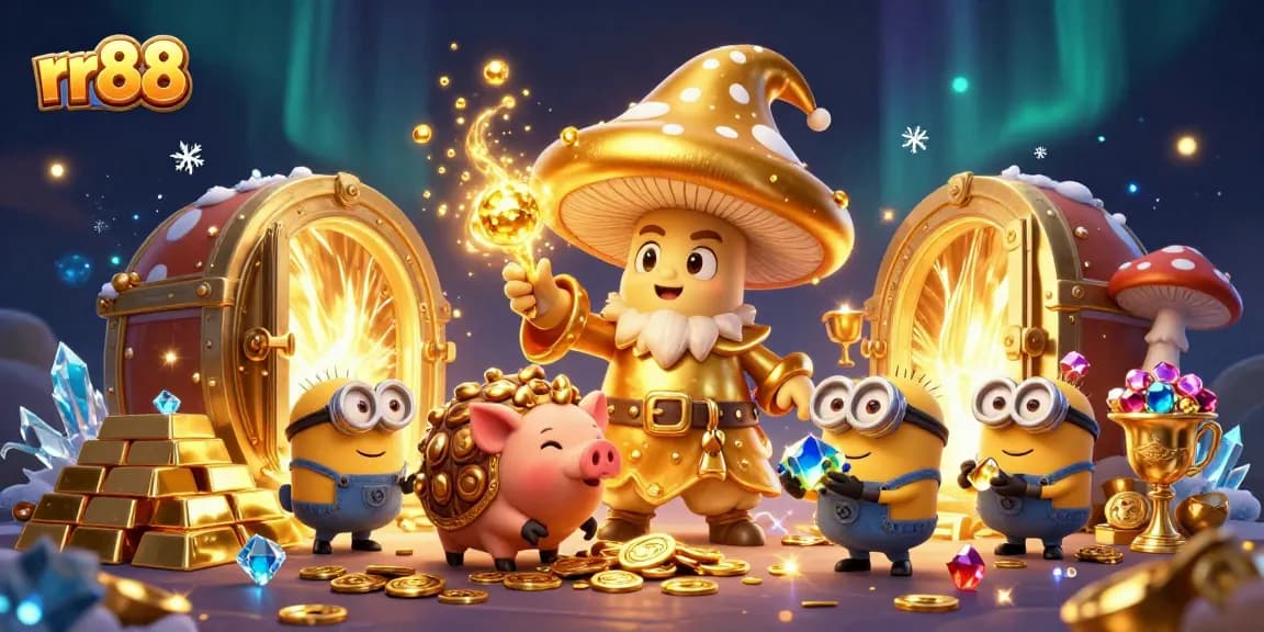 rr88 offers an immersive gaming experience with golden wizardry, treasure, and vibrant gems in this captivating casino scene.