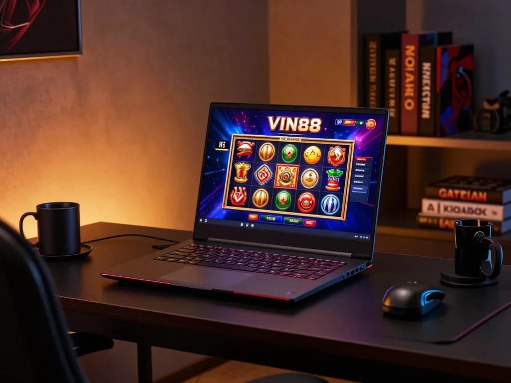 Engaging online gaming setup with VIN88 casino interface on laptop, emphasizing responsible gambling.