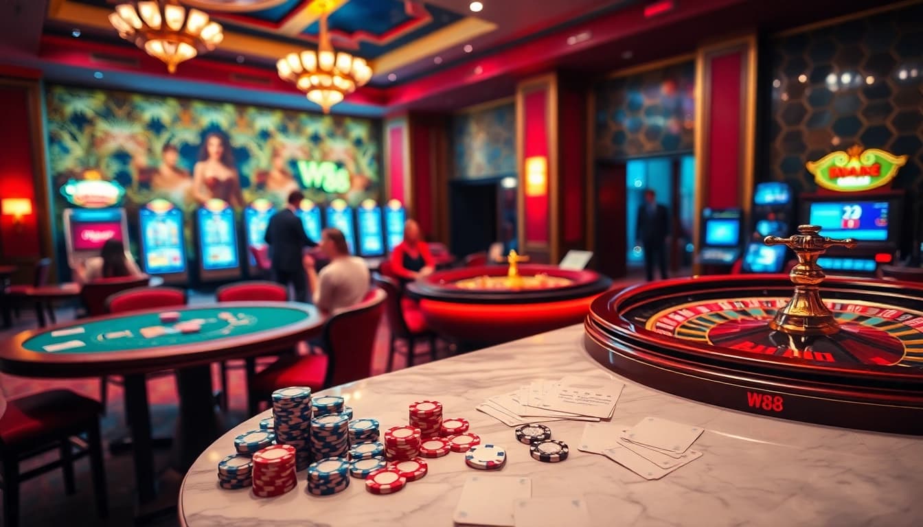 Experience the excitement of W88 with engaging gambling tables and vibrant casino atmosphere.