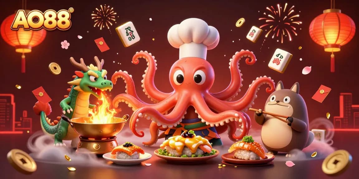 Experience exciting casino action with AO88 featuring vibrant characters amidst festive decorations.