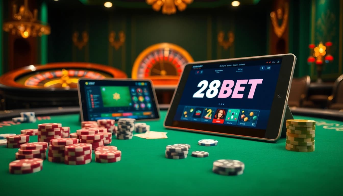 Experience the excitement of 28BET with a luxurious casino table and immersive online gaming.