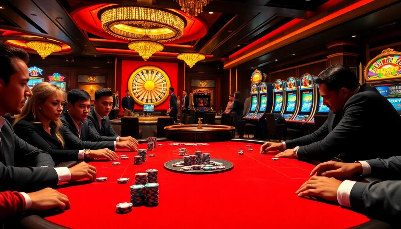 Exciting poker game at MM88 casino with vibrant chips and a spinning roulette wheel.