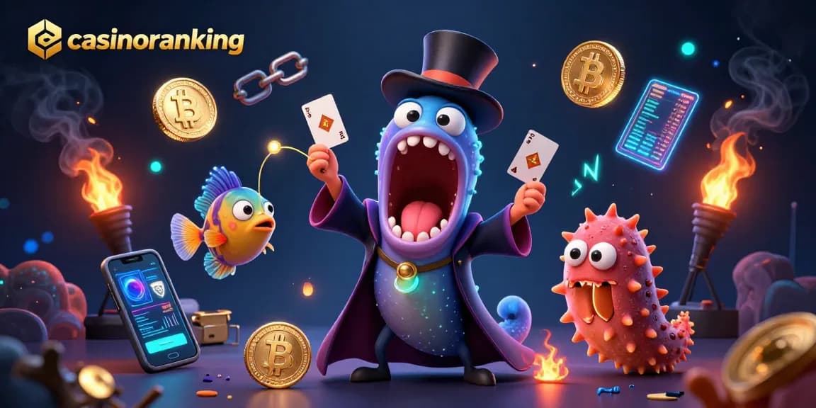 Experience exciting card tricks and crypto magic with casinoranking's vibrant casino illustration.