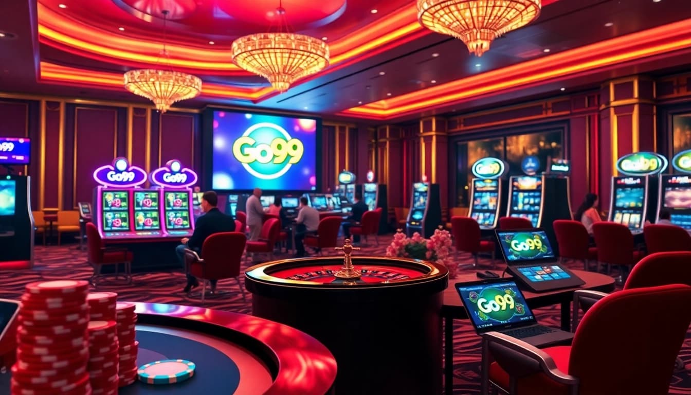 Engaging players enjoying Go99 online casino games amidst a vibrant casino atmosphere.