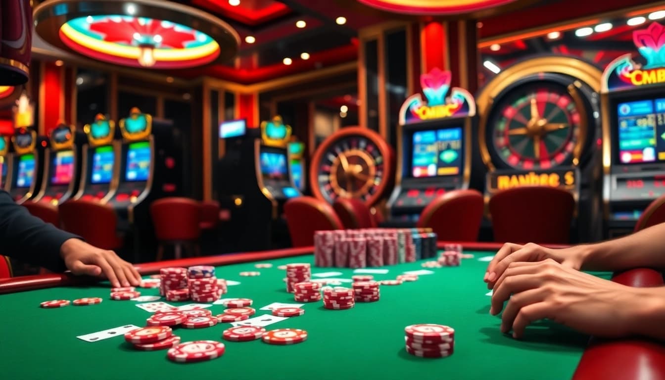 MM88 poker table showcasing vibrant chips and cards in an exciting casino setting.