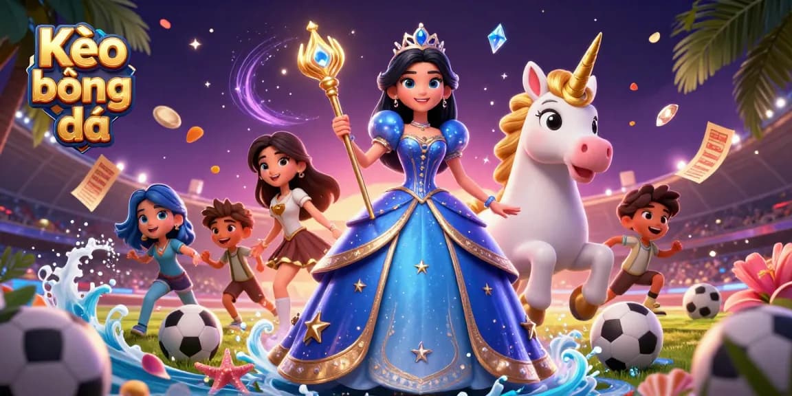 Kèo bóng đá scene showcasing a beautiful woman in royal blue gown, unicorn, and sports betting elements, celebrating excitement.