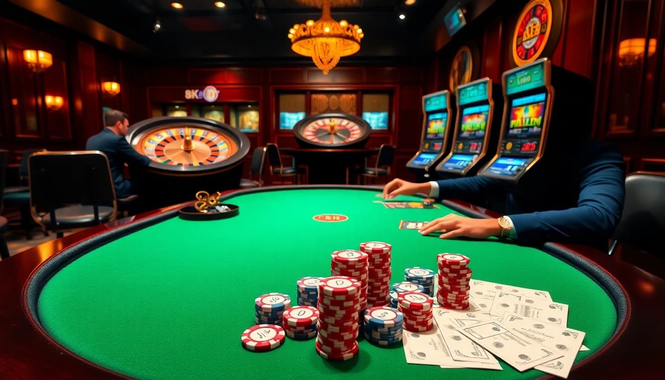 Experience the excitement of gambling at 8kbet's upscale casino tables, featuring poker chips and roulette.