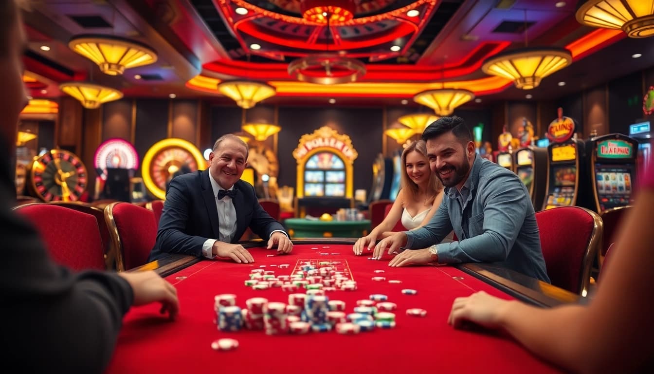 Players engage at a poker table in a vibrant 58win casino scene, reflecting excitement and luxury.