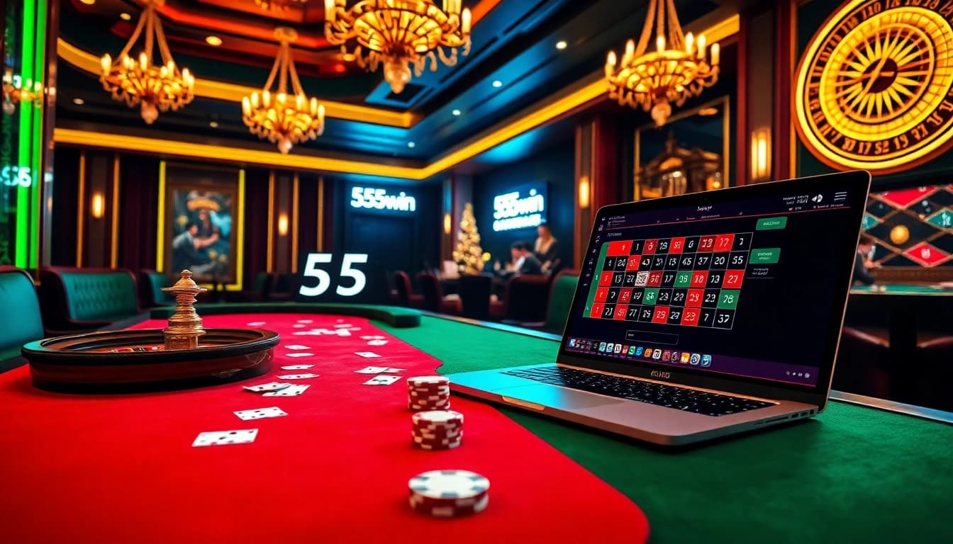 Experience thrilling online gambling at 555win with an engaging casino scene featuring poker chips and a roulette wheel.