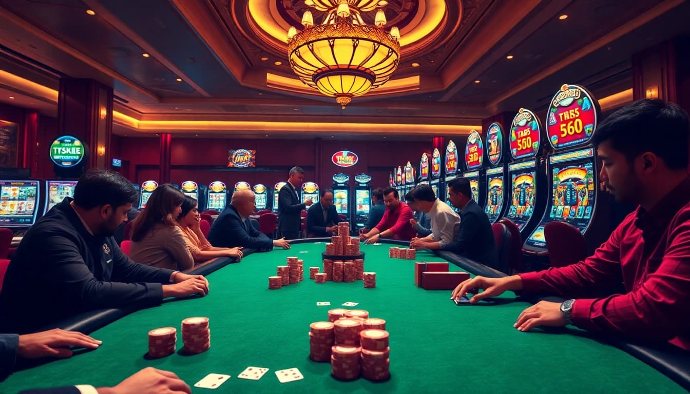 Players engage in intense poker action at a vibrant TK88 casino table, showcasing thrilling gambling moments.