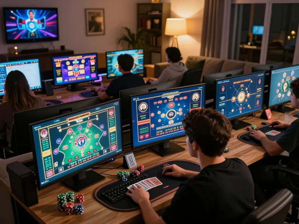 Engaged player enjoying a thrilling okfun online gaming experience at home, surrounded by casino elements.