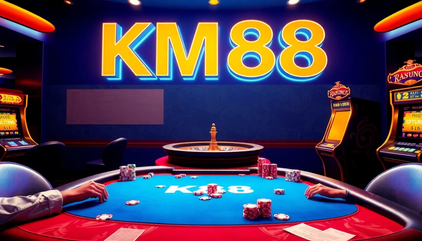 Experience thrilling card games at km88, featuring colorful chips and vibrant casino ambiance.
