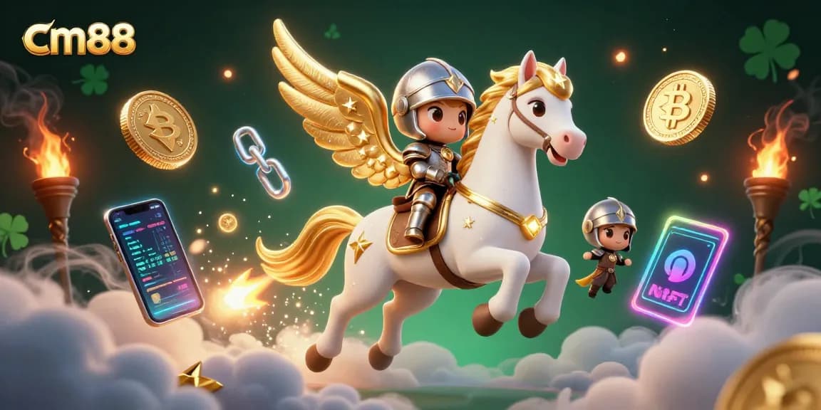 Experience excitement betting on cm88 with a dynamic scene of a celestial knight and vibrant crypto elements.