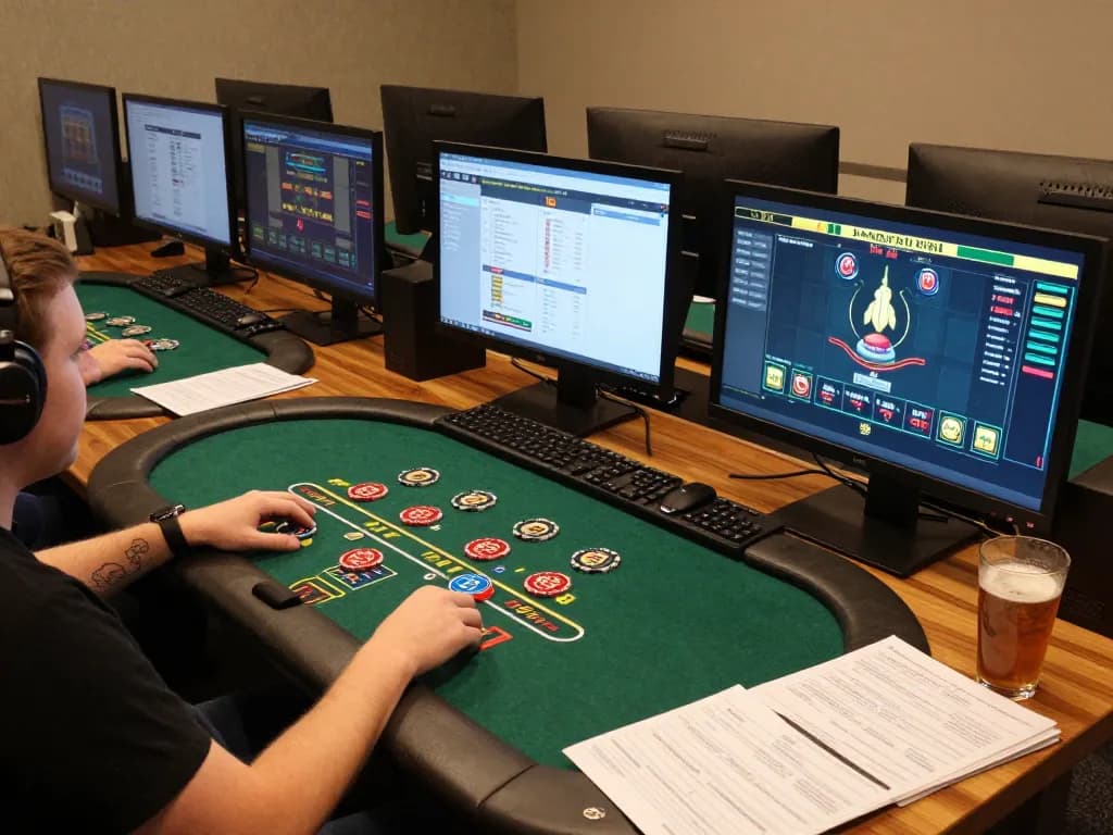 Người chơi LUCK8 đang lên chiến lược trong phiên blackjack trực tiếp căng thẳng tại nhà với nhiều màn hình
