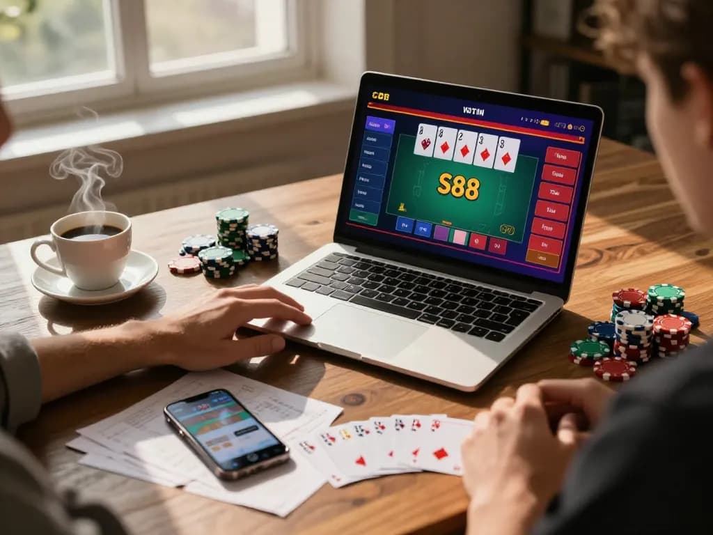 Engaged player experiences sc88 action at home during online poker session, showcasing strategic gameplay and comfortable setup.
