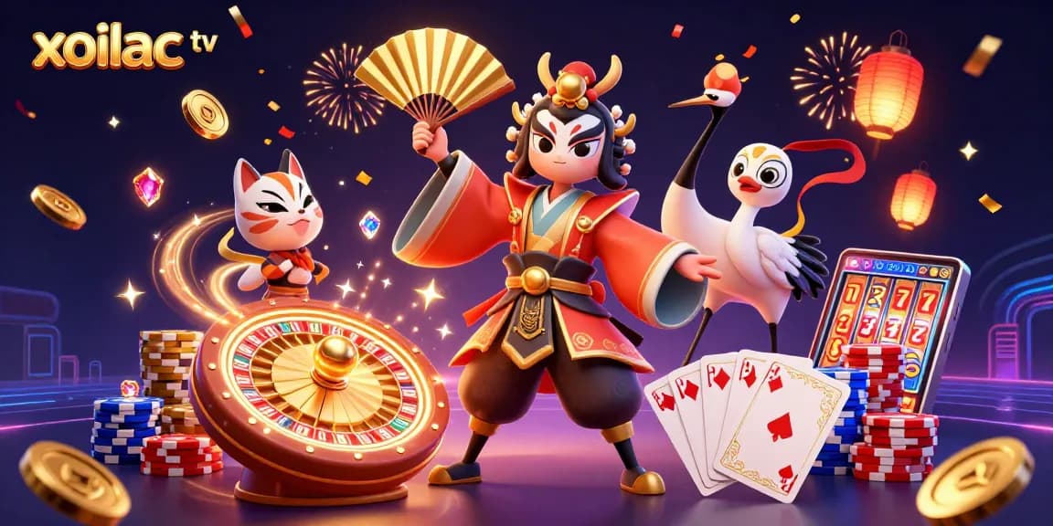 Xoilac tv streams thrilling casino action with colorful characters and vibrant game elements.