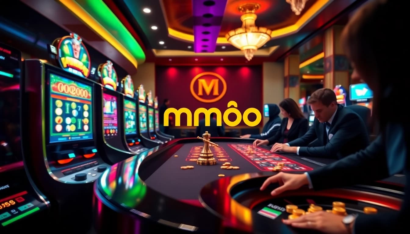 Engaging scene of mmoo casino gameplay with vibrant slot machines and poker tables.