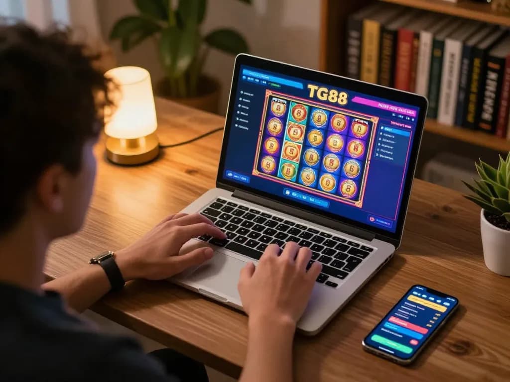 Player engaging with TG88 online casino games on their laptop, showcasing vibrant slot action and responsible gaming.