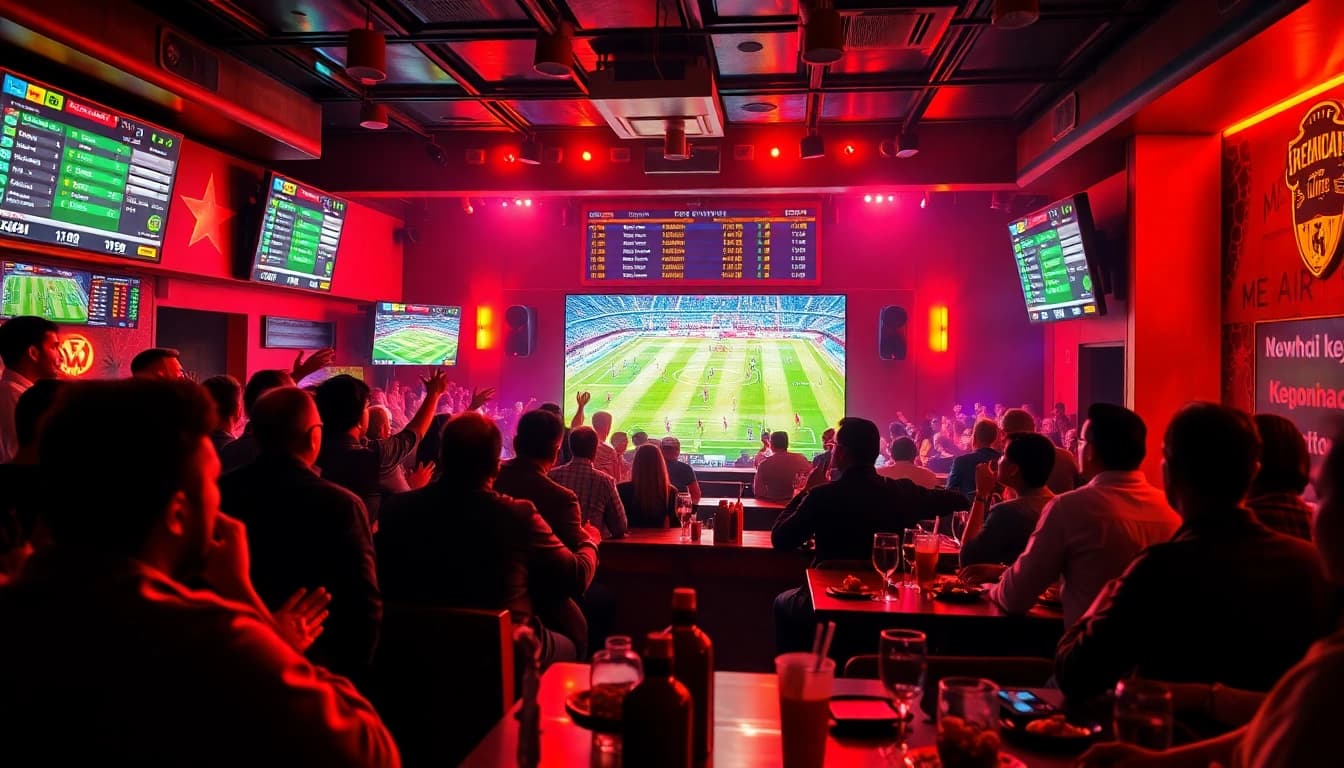 Exciting Keonhacai football betting atmosphere in a lively sports bar.