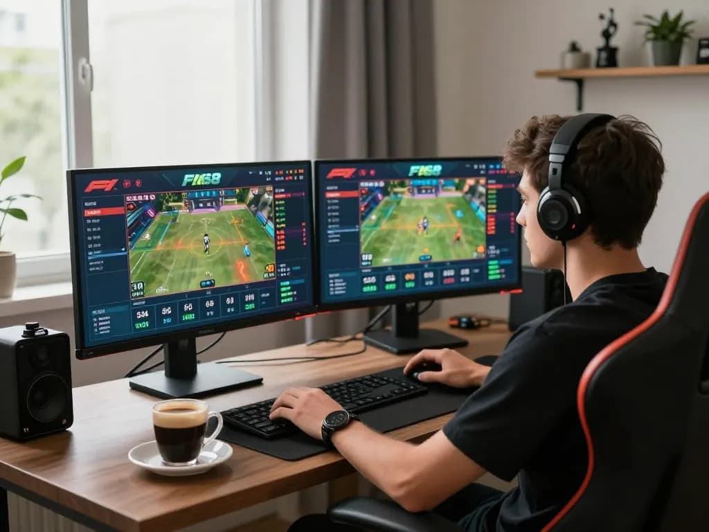 Engaged player using F168 platform for live sports betting in a dynamic gaming setup.