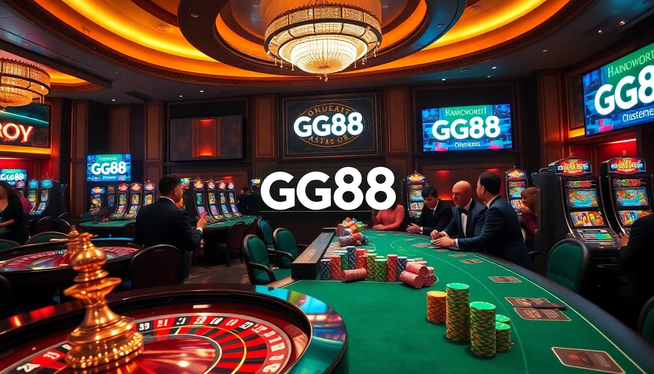 Experience excitement at GG88 with players enjoying roulette and poker in a luxurious casino.