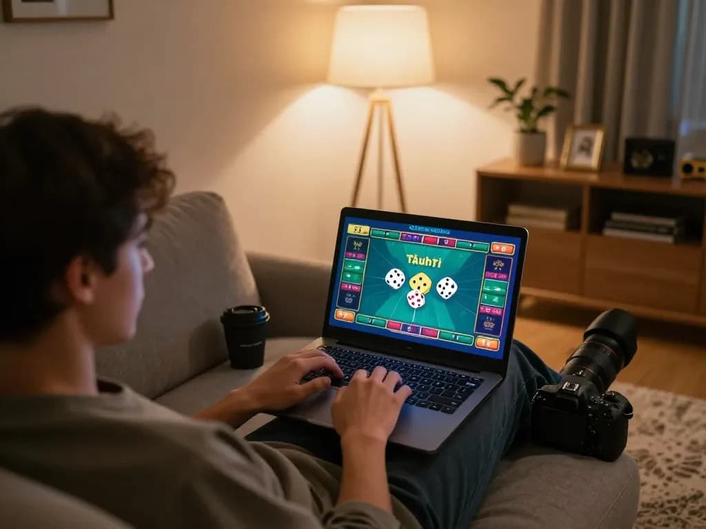 Person playing tài xỉu on laptop in a cozy home setting, showcasing online gaming atmosphere.