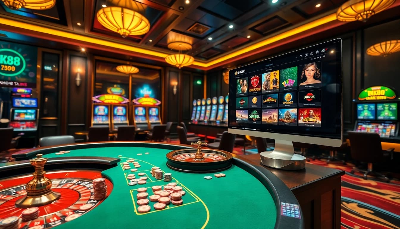 Engaging casino scene featuring exciting gambling activities at https://nk88nk.com/, showcasing poker, roulette, and slot machines.