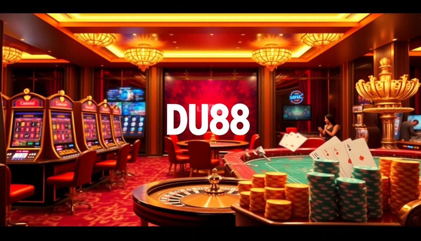 Engage in the thrilling atmosphere of DU88's vibrant online gambling scene filled with poker chips and joyful players.