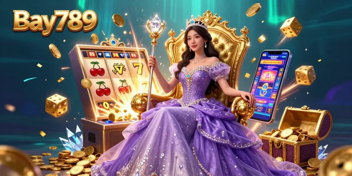 Experience the excitement of Bay789 casino with a beautiful fantasy princess amidst dazzling jackpots and vibrant games.
