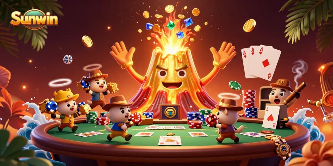 Experience thrilling gameplay with Sunwin's golden volcano and treasure-filled poker scene