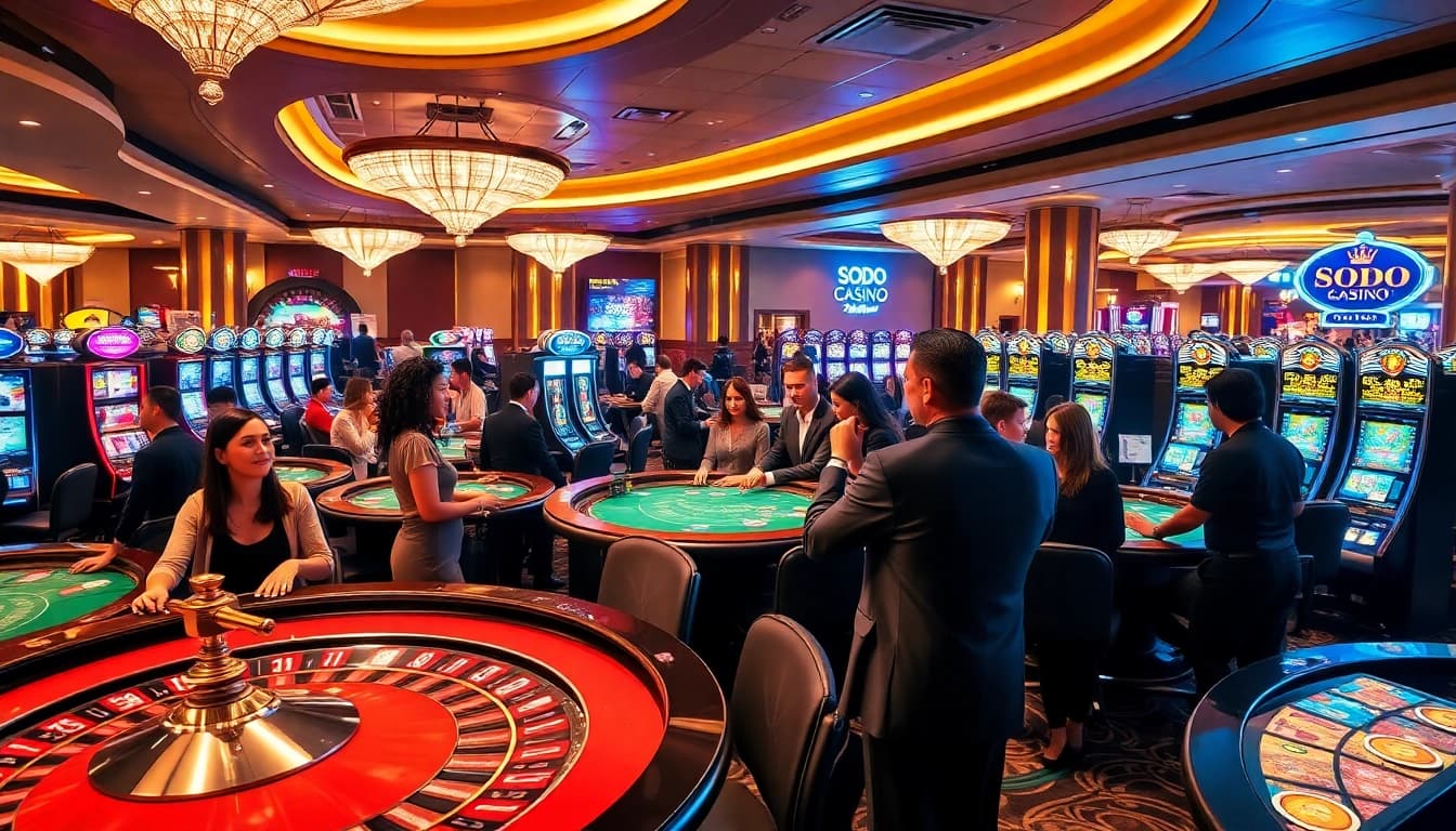 Gamblers enjoying the thrilling experience at SODO CASINO with poker tables and vibrant slot machines.