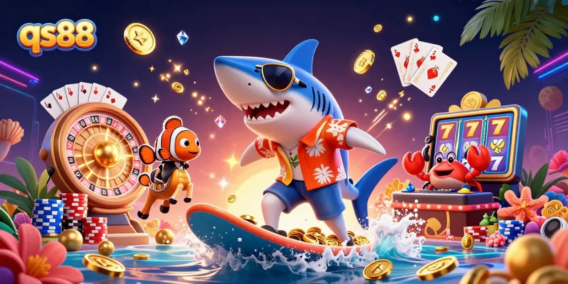 Surf and win with qs88 in a vibrant 3D casino illustration showcasing thrilling fun!