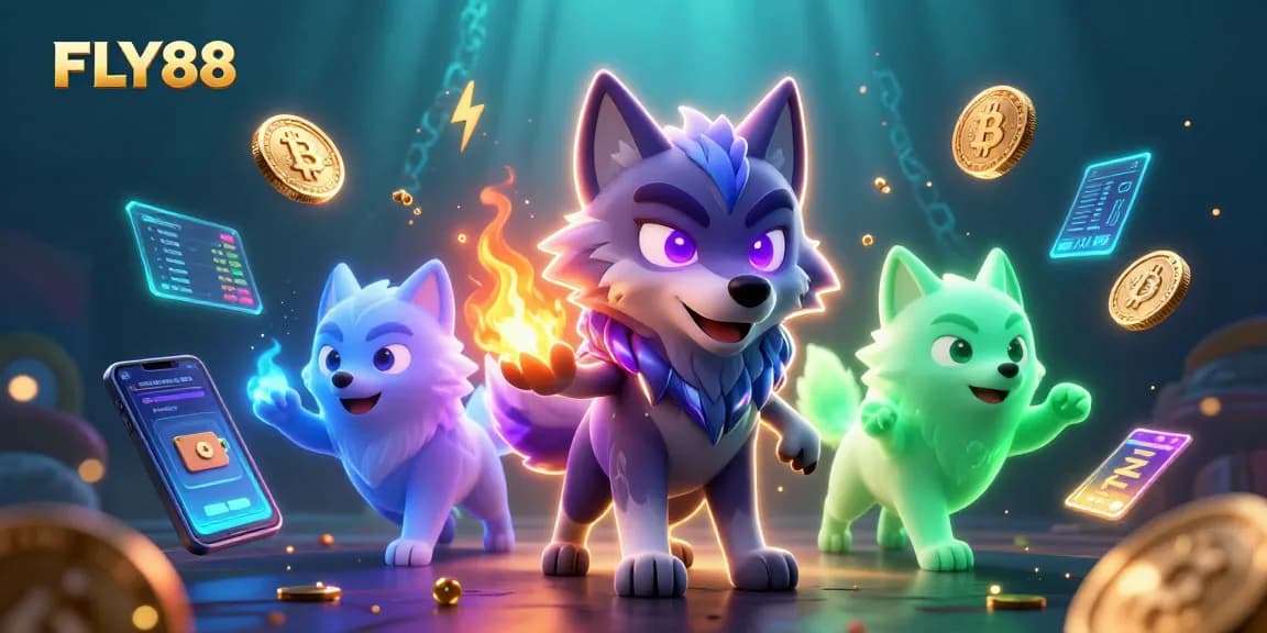 Experience the excitement of FLY88 with a vibrant 3D casino scene featuring ghostly wolves and crypto elements.